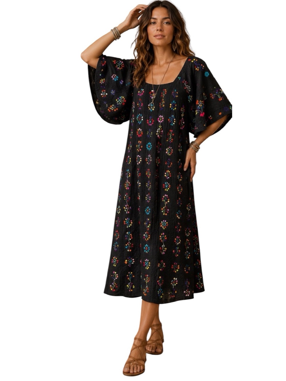 Floral Embroidered Boho Dress Colorful Floral Folk Hippie Festival Dolman Sleeve